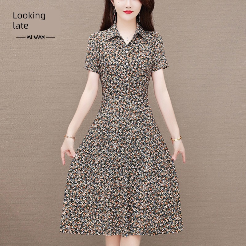 middle age fashion Dress Show thin mom Cover your belly Short sleeve
