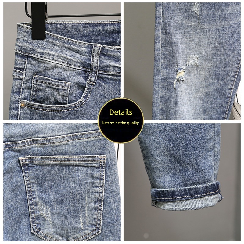 hole cowboy spring Korean version trend High street Ninth pants