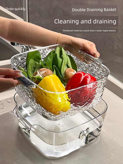 High-value double-layer vegetable wash basin drain basket multi-functional kitchen household new fruit tray living room vegetable wash basket