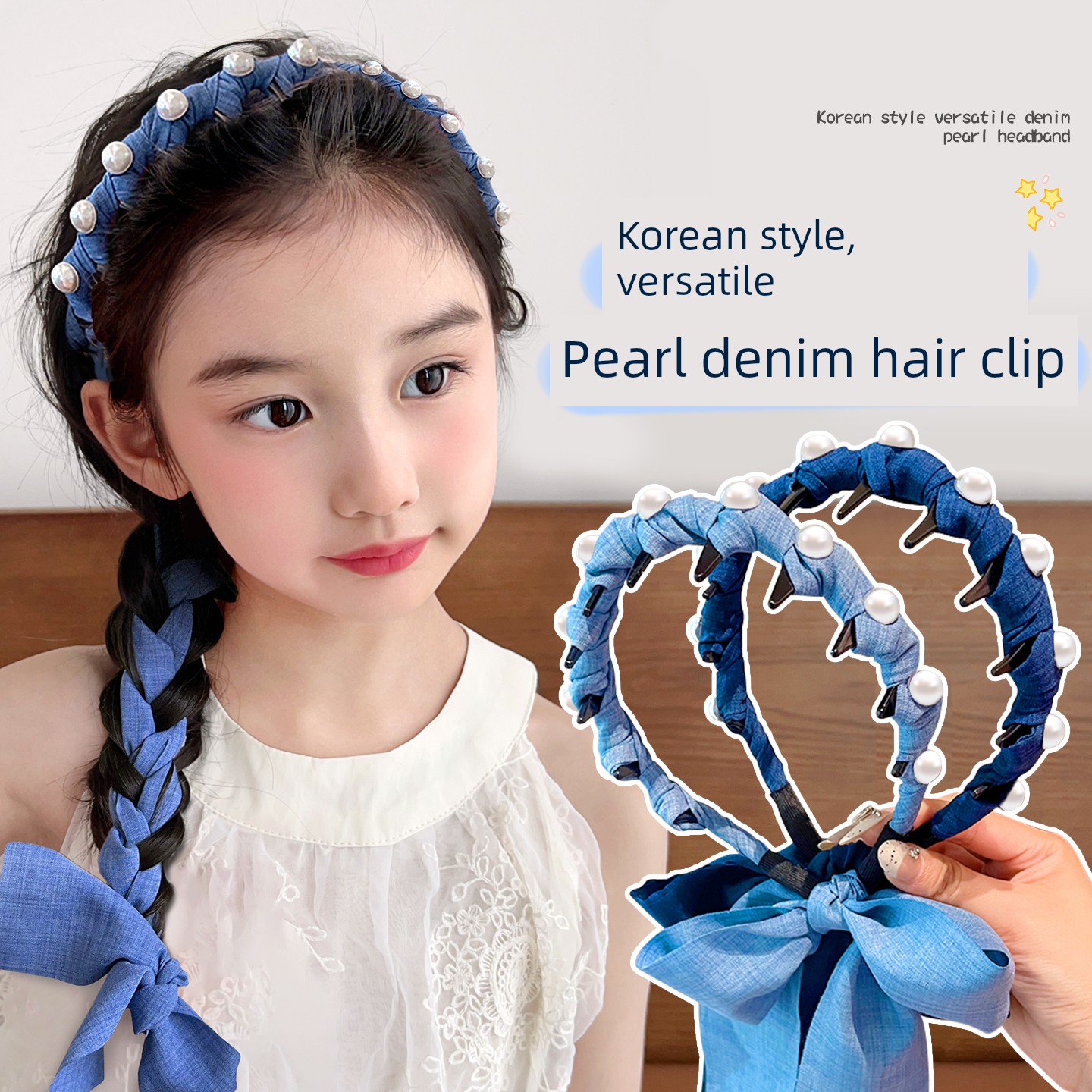 Children's Denim Blue Ribbon Headband, Girls' Retro Braided Hairband, Korean Style Braided Hairpin Headwear for Girls — 6