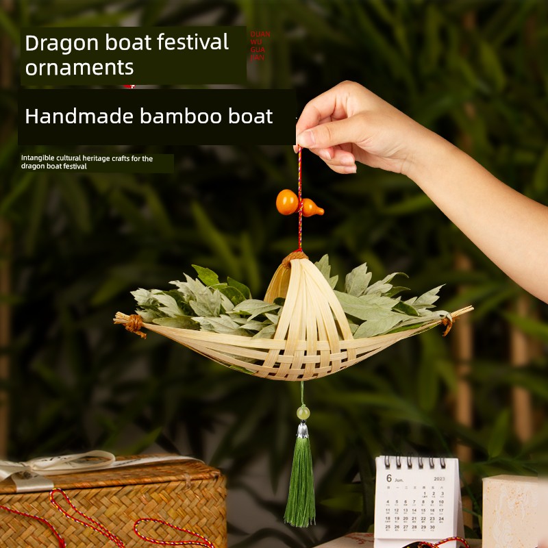 Bamboo Weaving Dragon Boat DIY Kit for Children, Traditional Cultural Work, Making Mugwort Incense Sachet Door Hanging