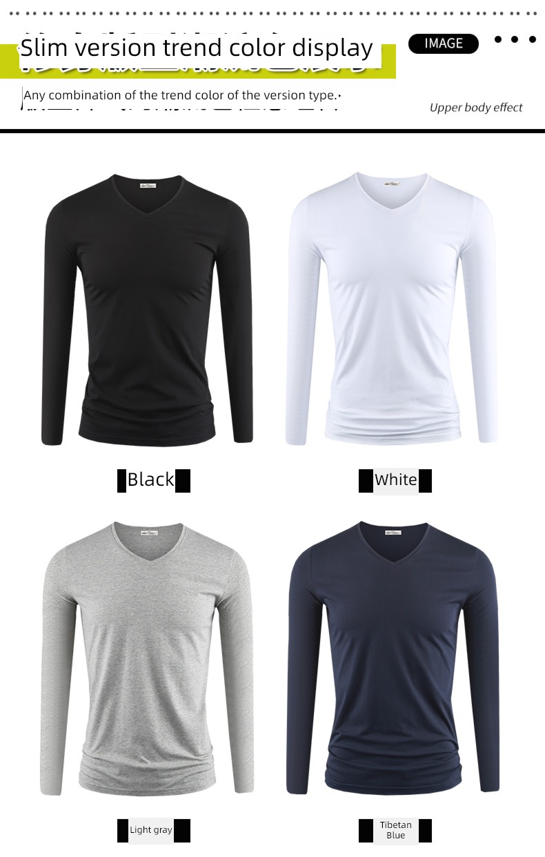 man V-collar Spring  Inner lap Tight fitting Long sleeve T-shirt