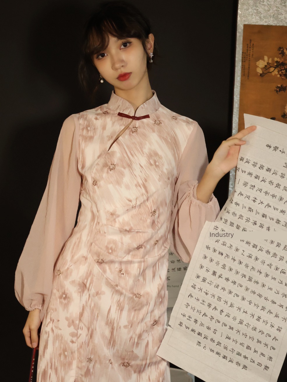 Chinese style little chap Long sleeve Pink Chiffon Cheongsam skirt