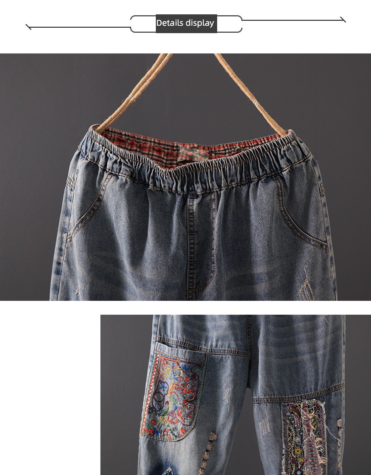 nation Embroidery Elastic waist Make old Wear out Ninth pants