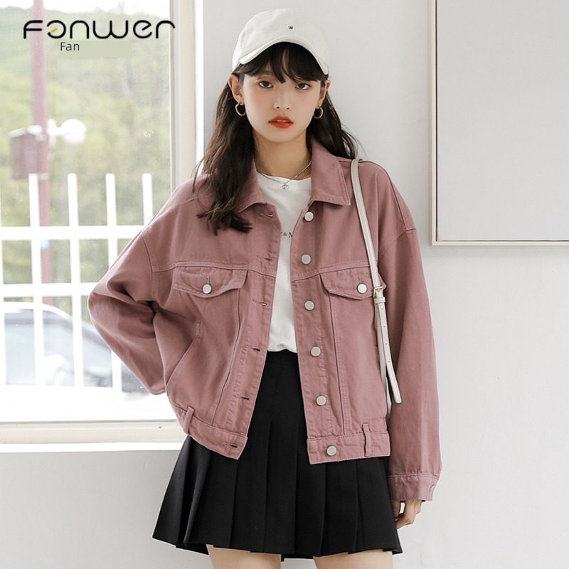 Denim tooling solar system early spring autumn Pink short coat