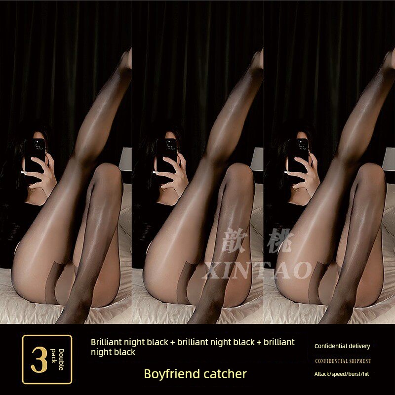 Horse Oil Stockings, Pure White Silk Pantyhose, Sexy Thin Anti-Snag Oil-Shine Black Stockings, Open-Crotch Lace — 6