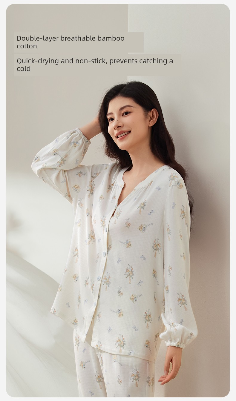 October Crystal Bamboo Cotton Cloud Gauze Maternity Pajamas Homewear Set for Pregnant and Postpartum Women, Nursing Sleepwear, Autumn Style for Women — 21