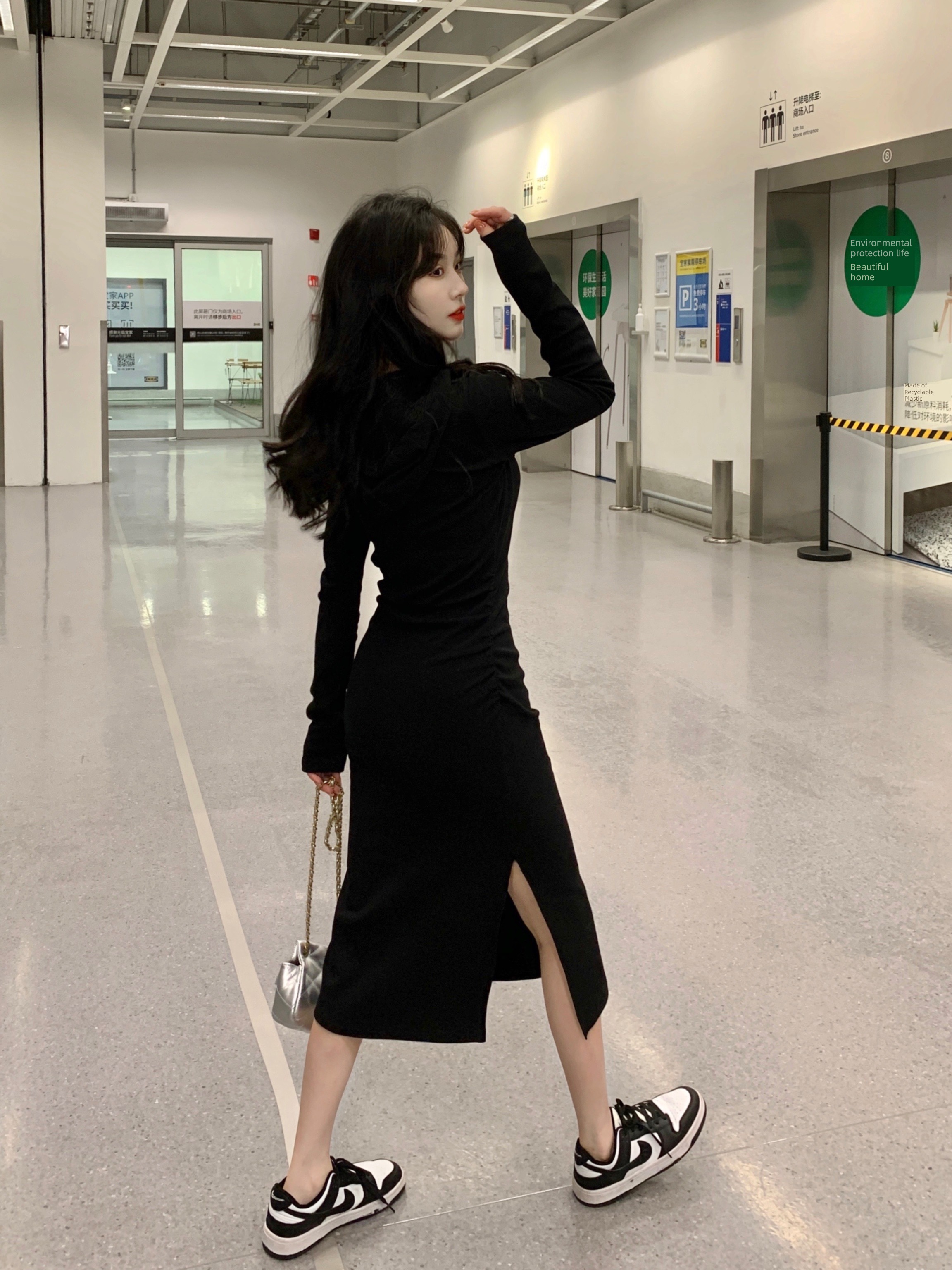 fold hottie Self-cultivation Show thin Fork Long sleeve Dress