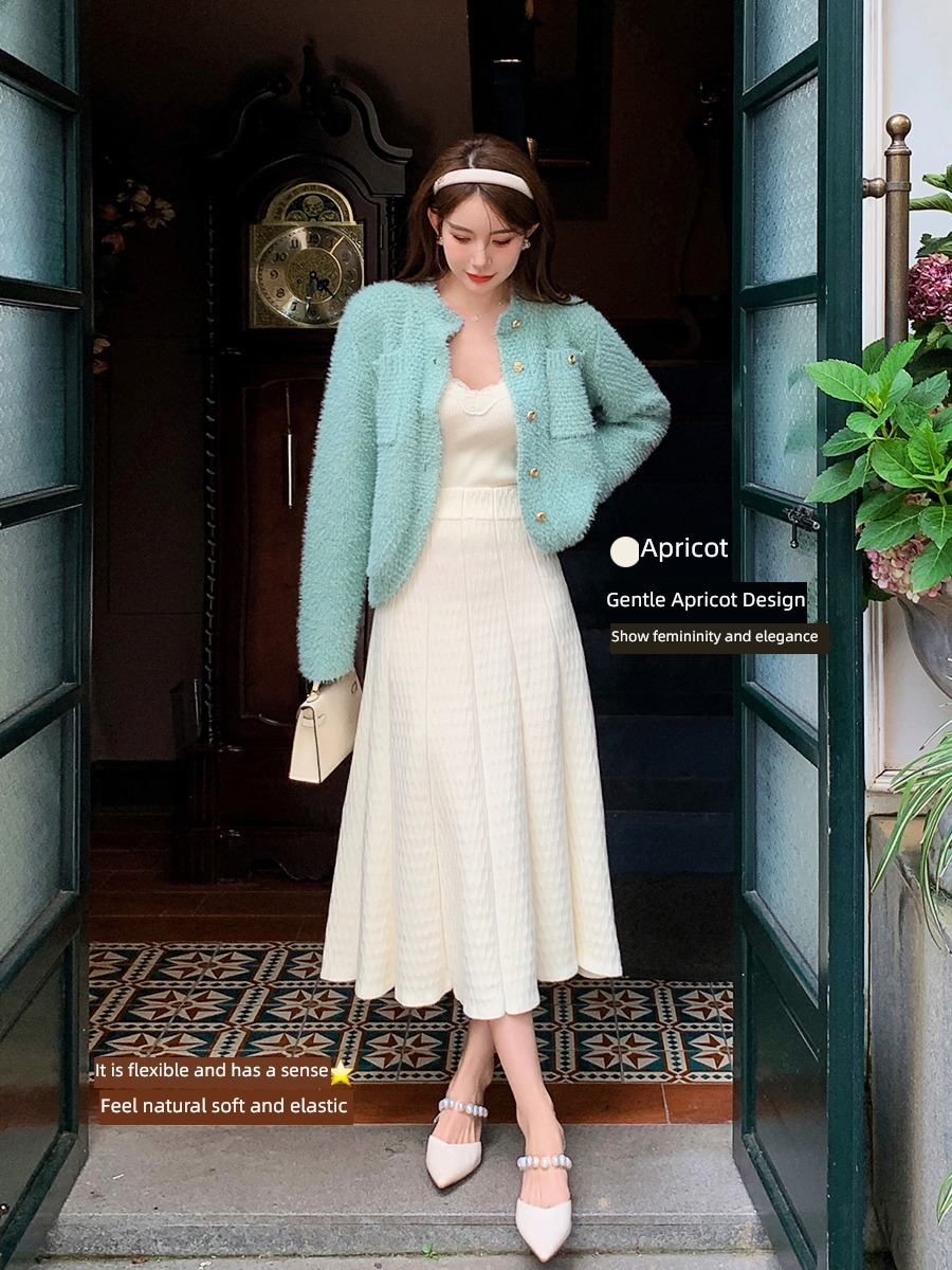 Island song lady Knitting wool Show thin High waist A-line skirt