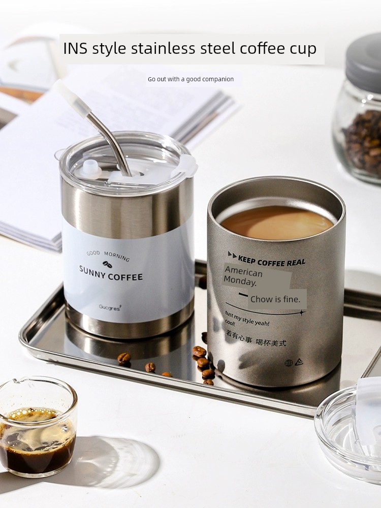 日式簡約不鏽鋼咖啡杯 350ML外帶隨行杯拿鐵吸管水杯 (8.3折)
