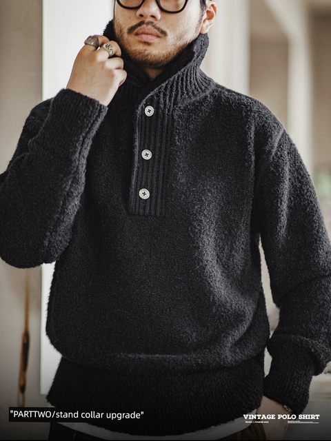 Maden workwear American retro heavy circle yarn Polo sweater lapel warm pullover thick sweater men's spring