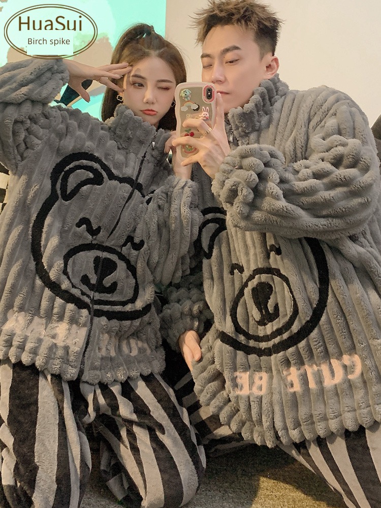 female Coral velvet winter Zipper man lovers pajamas