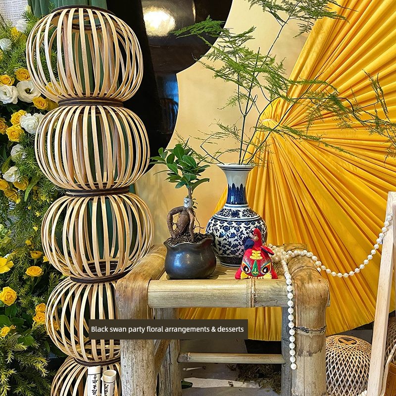 New Chinese-Style Bamboo Woven Round Bamboo Column Lanterns for Party, Engagement Banquet, First Birthday Celebration Decoration Lanterns, Homestay Props