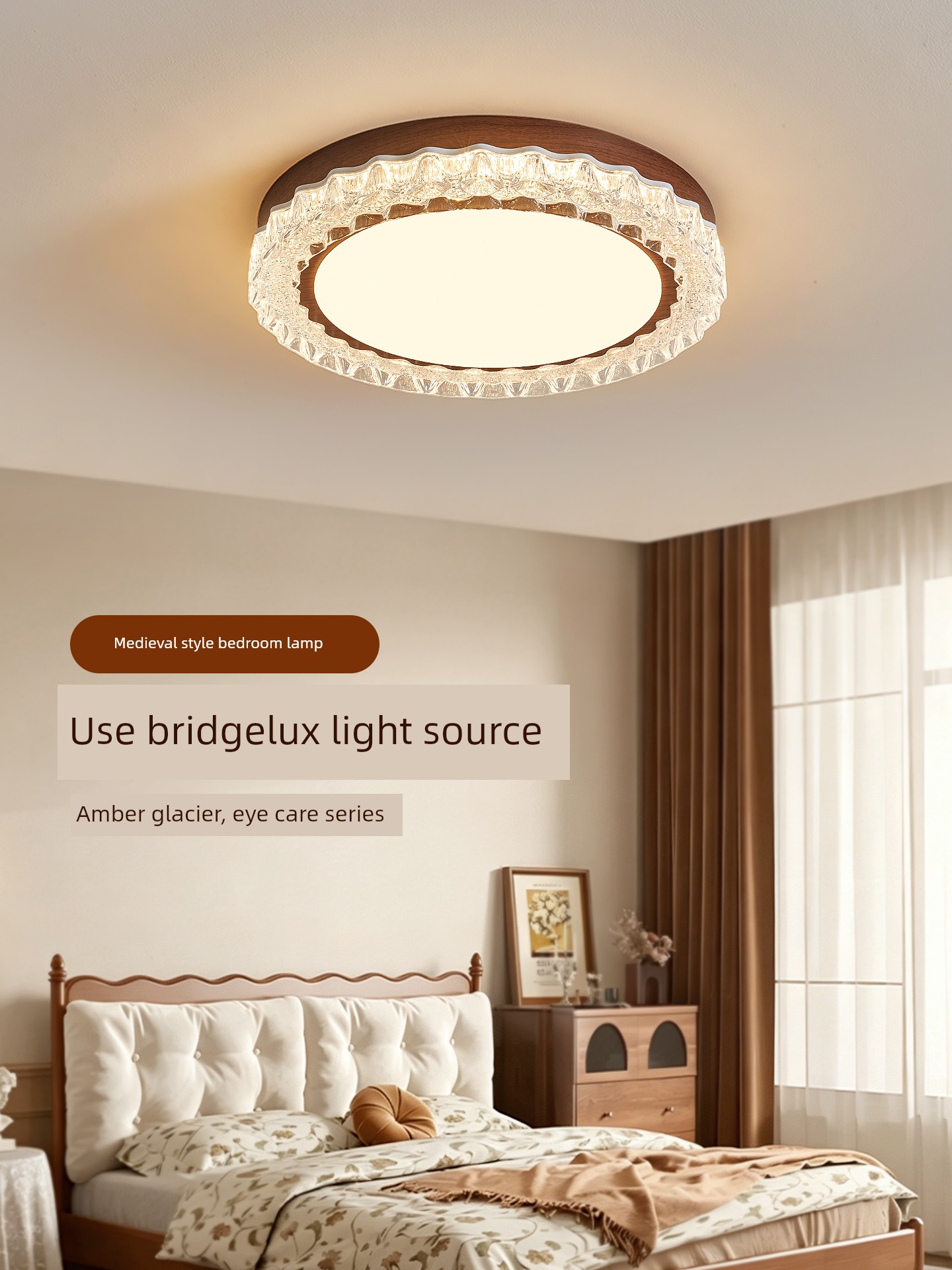 Bedroom Lamp in Antique Walnut Color, New Ceiling Light Fixture with a High-End Feel, Light Luxury Crystal Lamp for Study Room and Master Bedroom 668E