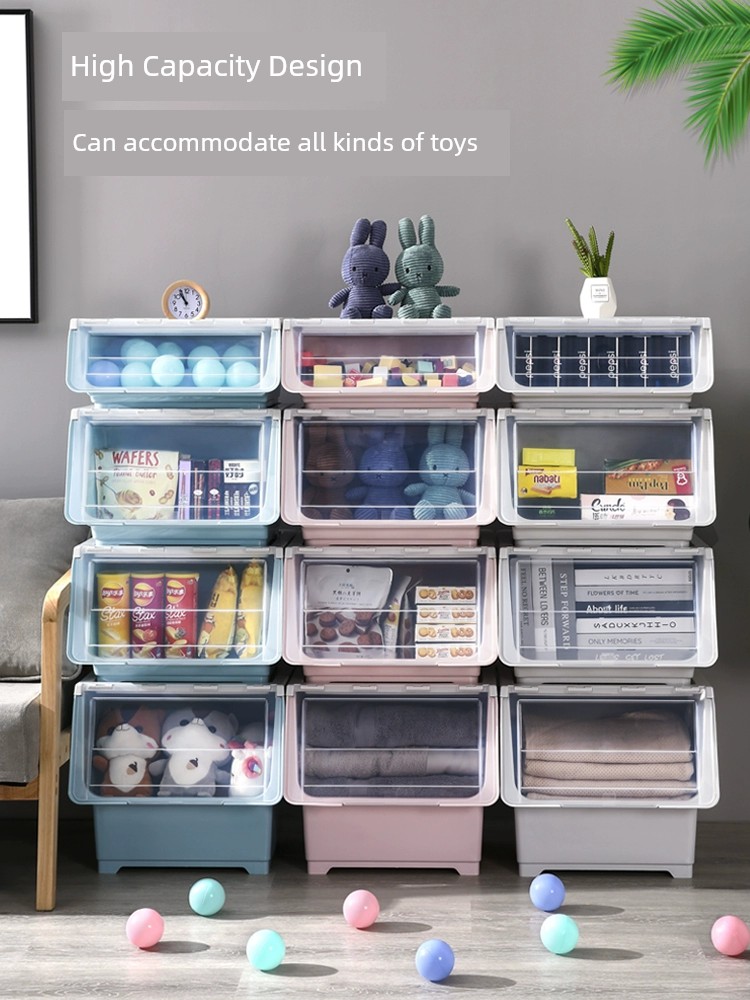 兒童玩具收納箱透明前開式繙蓋客厛家用斜口零食整理架儲物櫃盒子