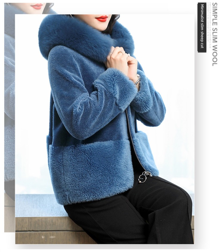 Granular fleece Lamb hair loose coat female Sheep shearing short coat Fox velvet Fur collar Hooded jacket Cashmere leather and fur overcoat