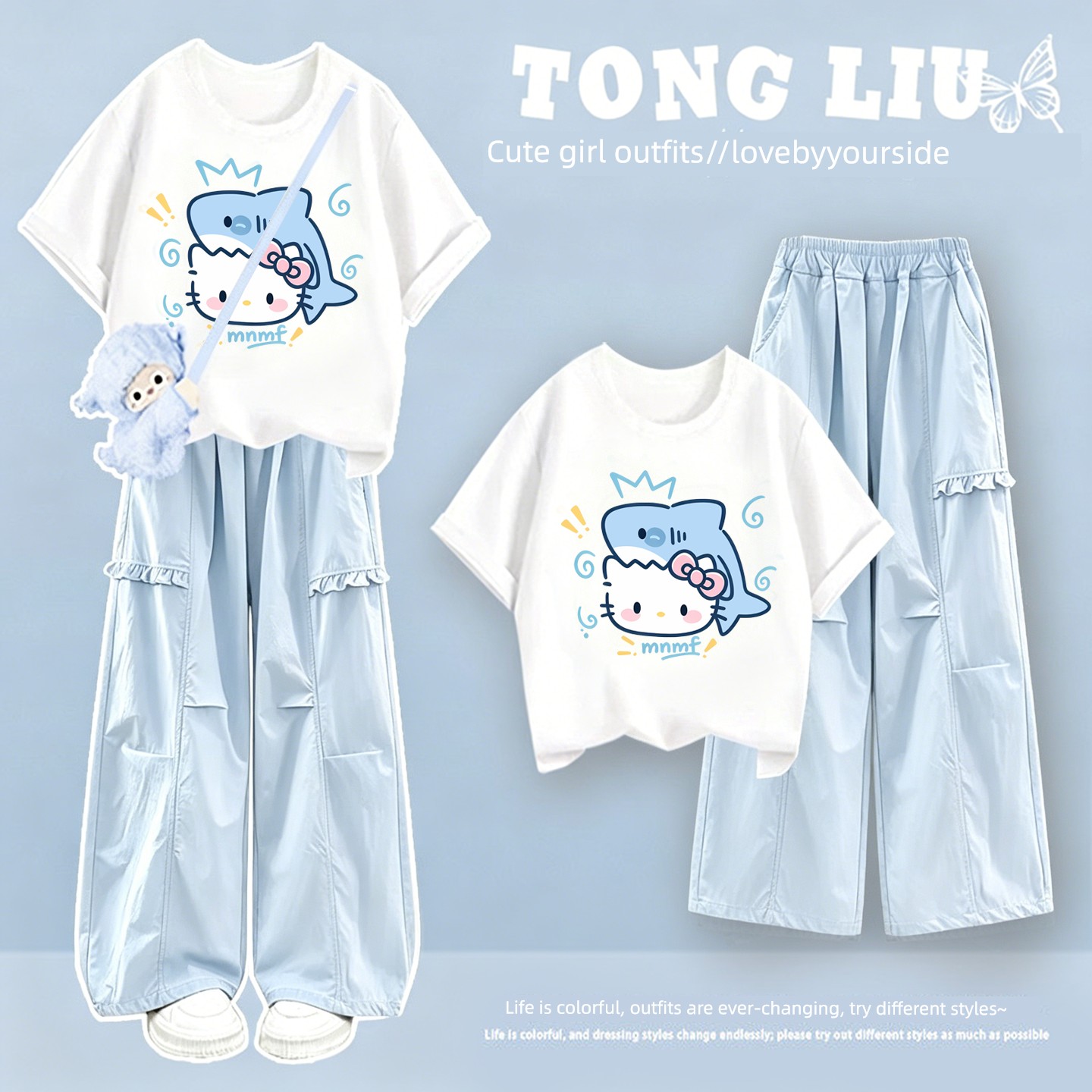 Girls' Short-Sleeved Summer Suit 2026 New Style for Middle School Students, Stylish Pure Cotton Clothing, Thin Cargo Pants — 3