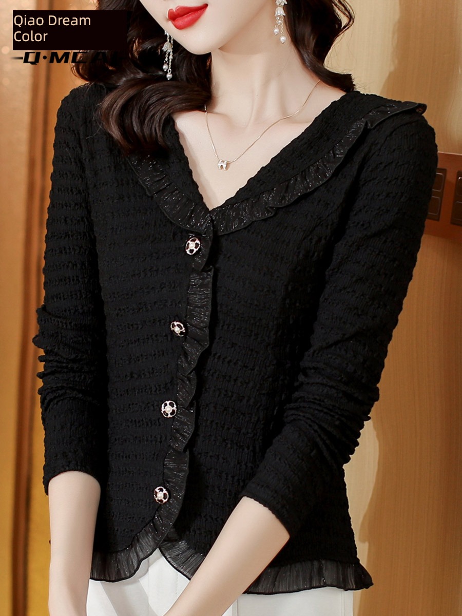 Age reduction Long sleeve ma'am V-neck Close your waist French Chiffon shirt