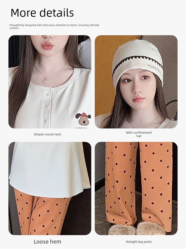 Free Hat with Winter Maternity Wear, Pure Cotton Nursing Pajamas, Spring and Autumn Postpartum All-Season Maternity Loungewear Set — 5