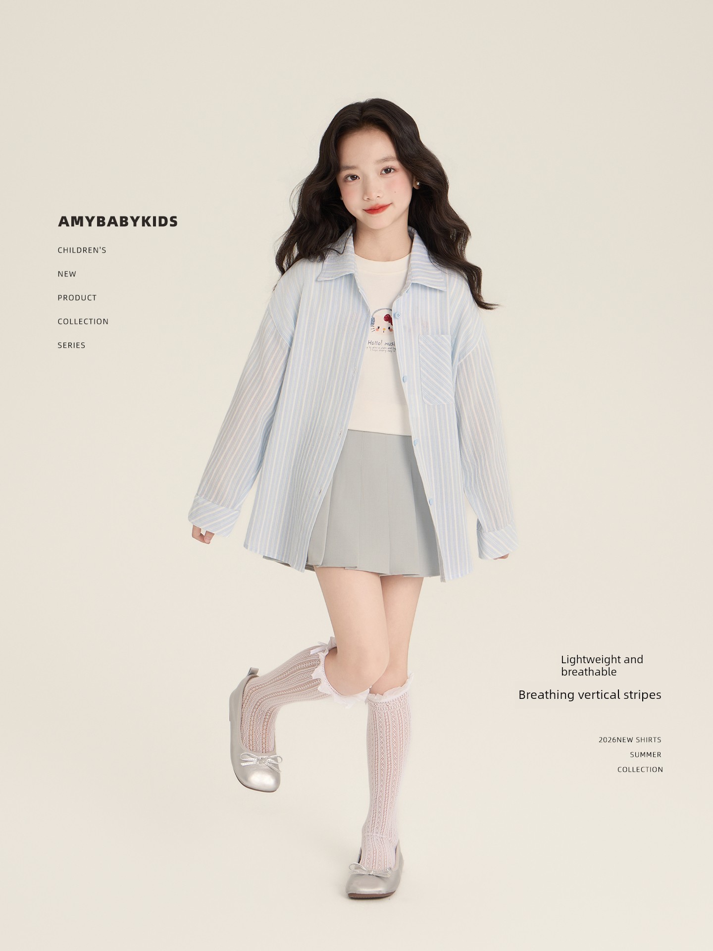 Amybaby Girls' Tops Autumn 2026 New Korean Style Soft and Trendy Ins-Style White-Striped Loose Shirt — 3