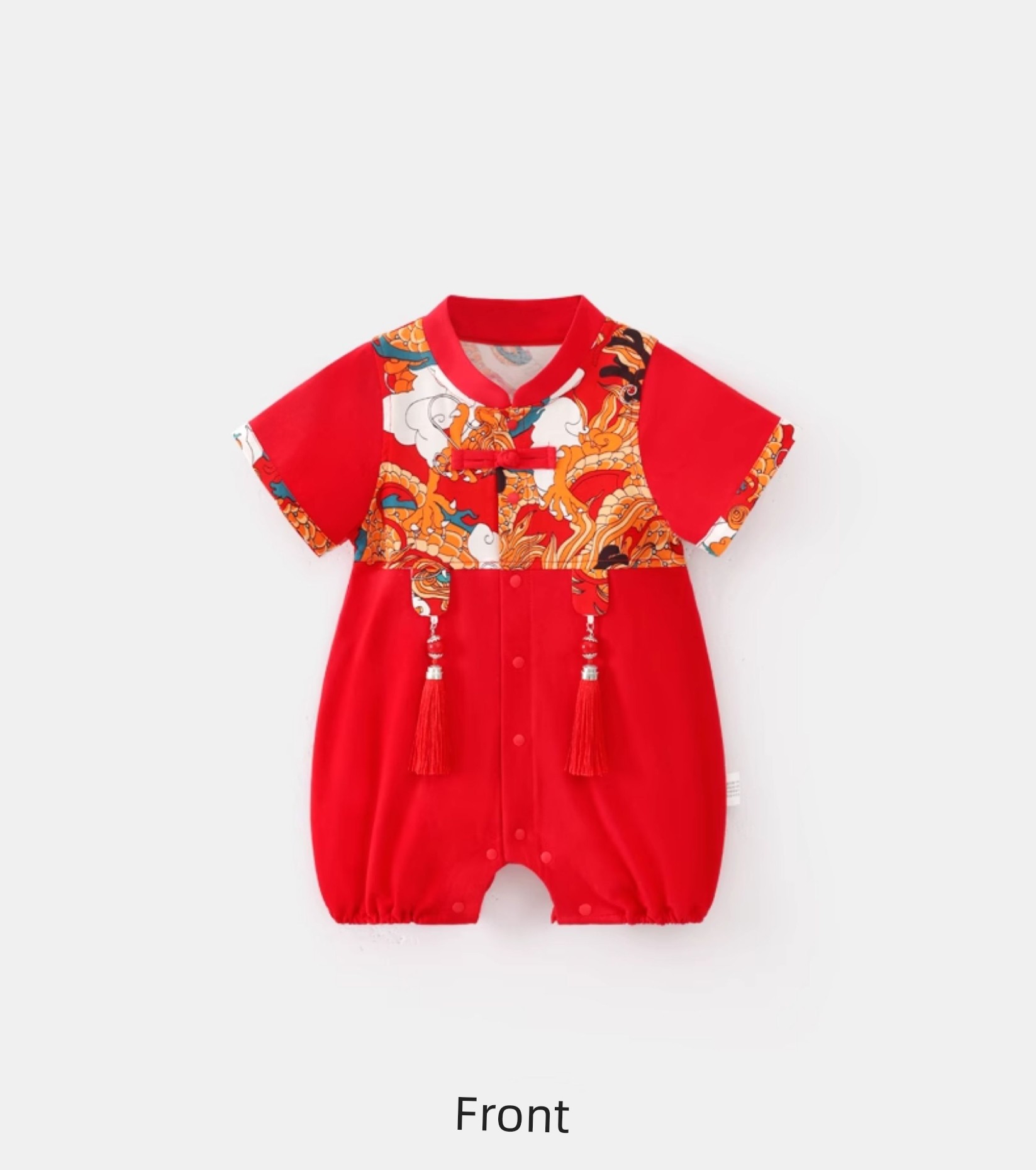 Dragon-Themed Baby Full-Month Outfit for Boys, Summer Red Thin Pure Cotton 100-Day Celebration Tang Suit with Ribbon, Unisex Romper — 8