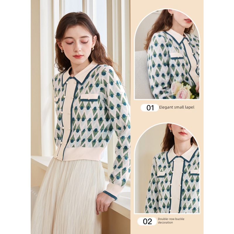 Tricolor Rhombic lattice Lapel lady Long sleeve Sweater