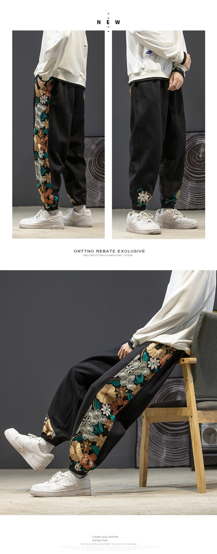 Embroidery autumn Chinese style men's wear leisure time easy trousers