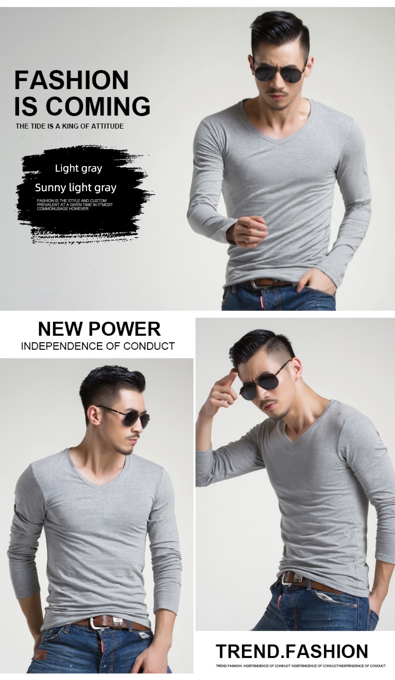 man V-collar Spring  Inner lap Tight fitting Long sleeve T-shirt