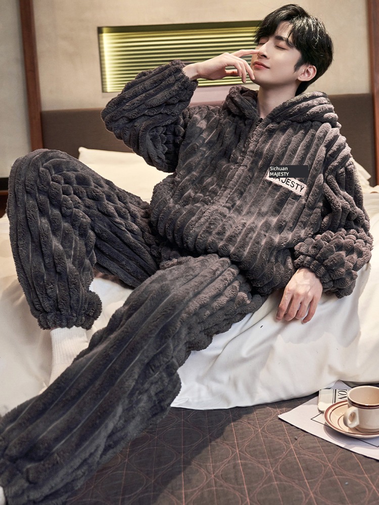 man Autumn and winter Quarterly payment thickening keep warm Flannel pajamas