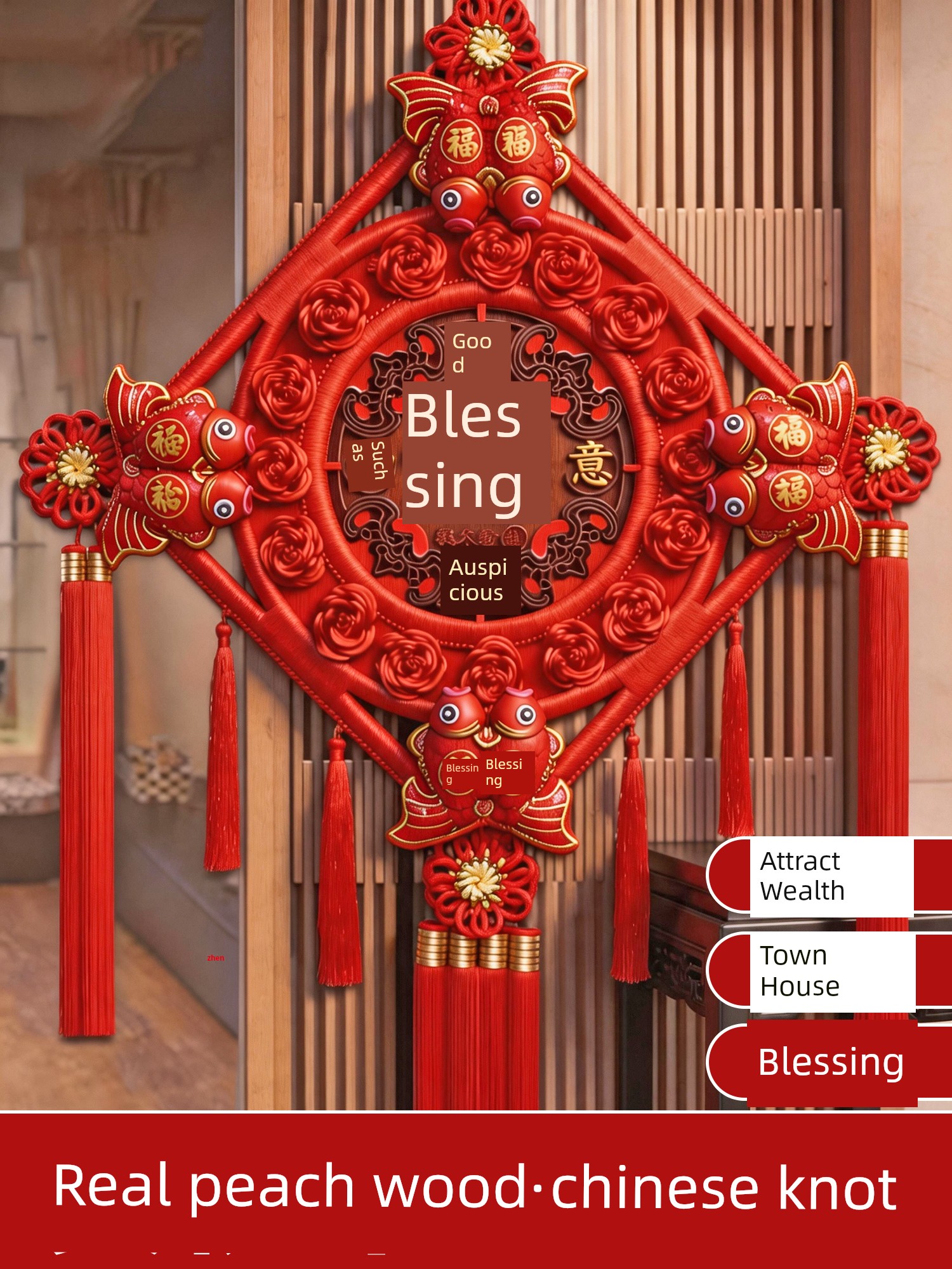 High-End Chinese Knot Pendant for Living Room, Large Peach Wood Fortune Character Chinese Knot, Entrance Hall Housewarming Peace Knot Decoration Wall Hanging