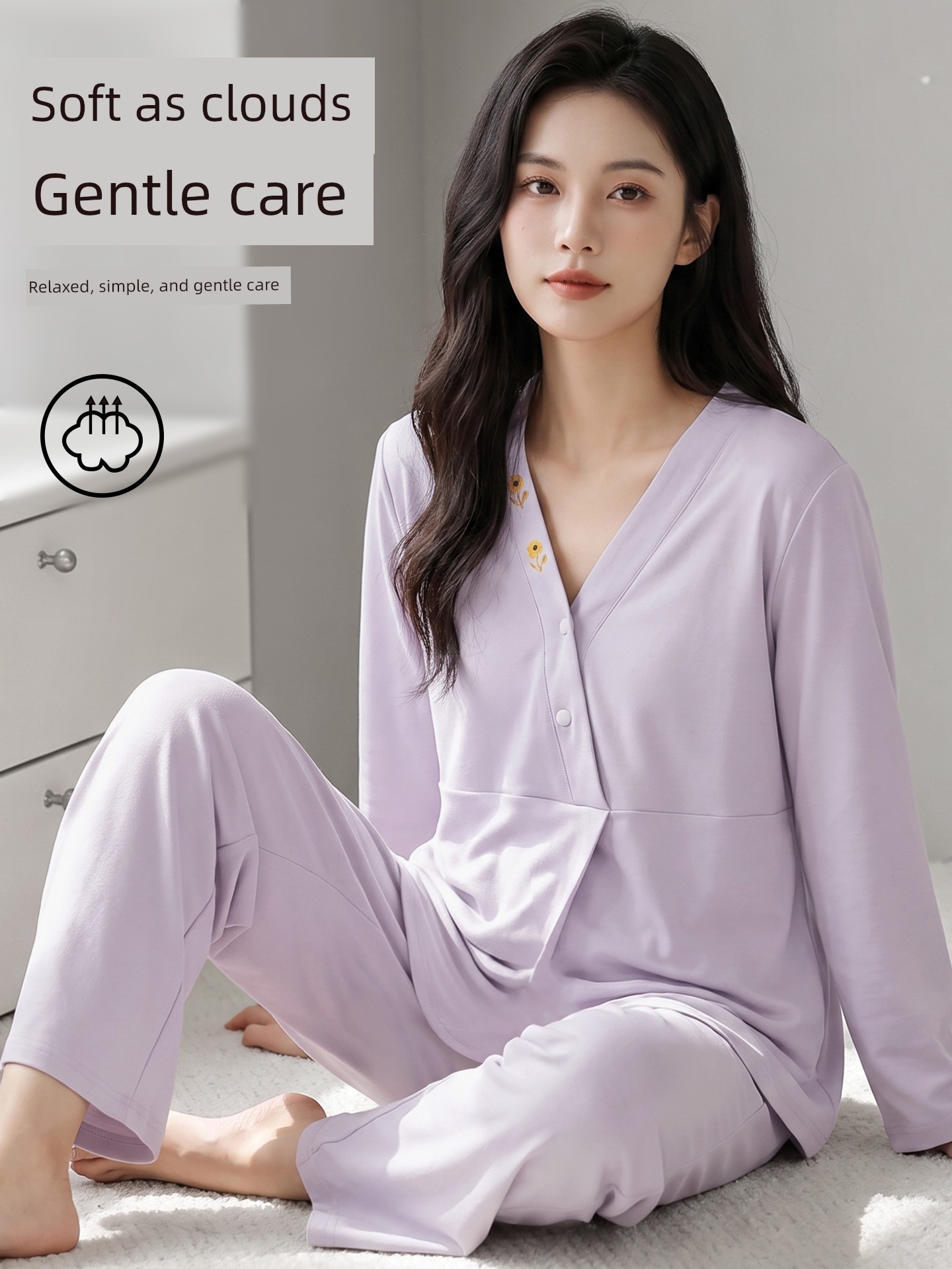Hat with Chest Pad, Autumn and Winter Maternity Wear, Pure Cotton Nursing Pajamas, Spring and Autumn Postpartum Maternity Wear, Non-Tightening Home Wear — 2