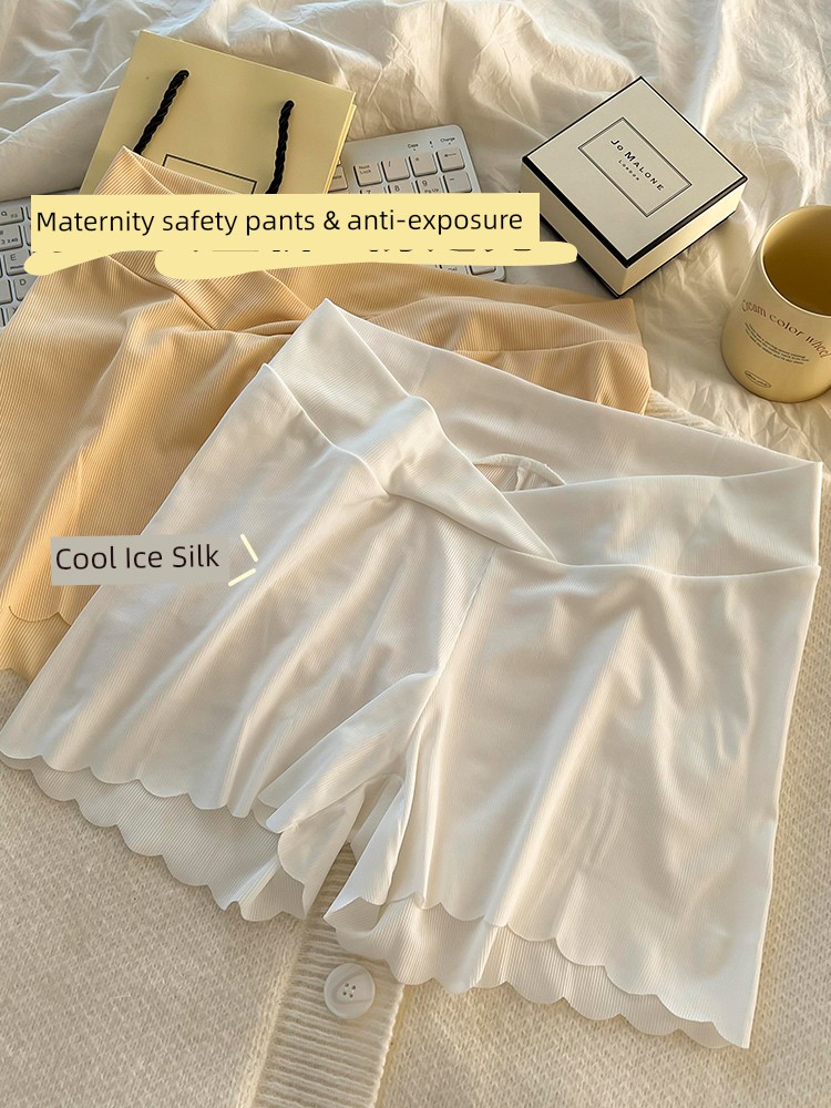Plus-Size Maternity Safety Shorts for Outerwear, Ice Silk Leggings, Low-Waist, Full-Term Pregnancy, V-Shaped Belly Support, Anti-Exposure, 3-Point Shorts