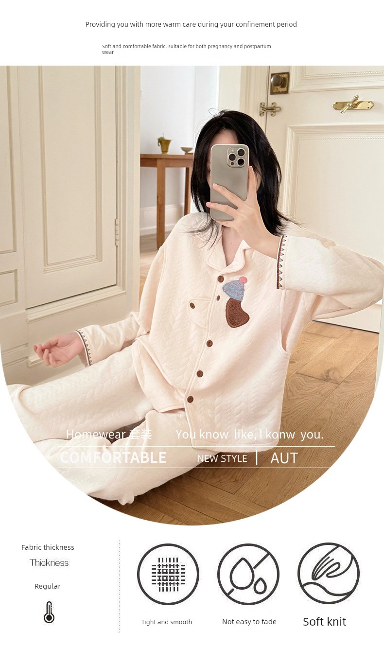 Spring, Autumn, and Winter Maternity Pajamas with Chest Pads, Thickened Air Cotton, No Need to Wear Underwear, Layered Maternity Sleepwear with Hood Set — 30