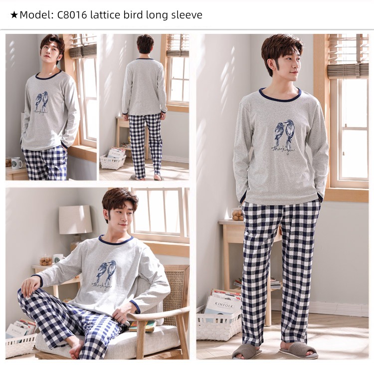 male Long sleeve Cotton Big size Autumn  summer suit pajamas