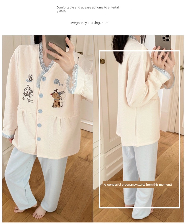 Spring, Autumn, and Winter Maternity Pajamas with Chest Pads, Thickened Air Cotton, No Need to Wear Underwear, Layered Maternity Sleepwear with Hood Set — 12
