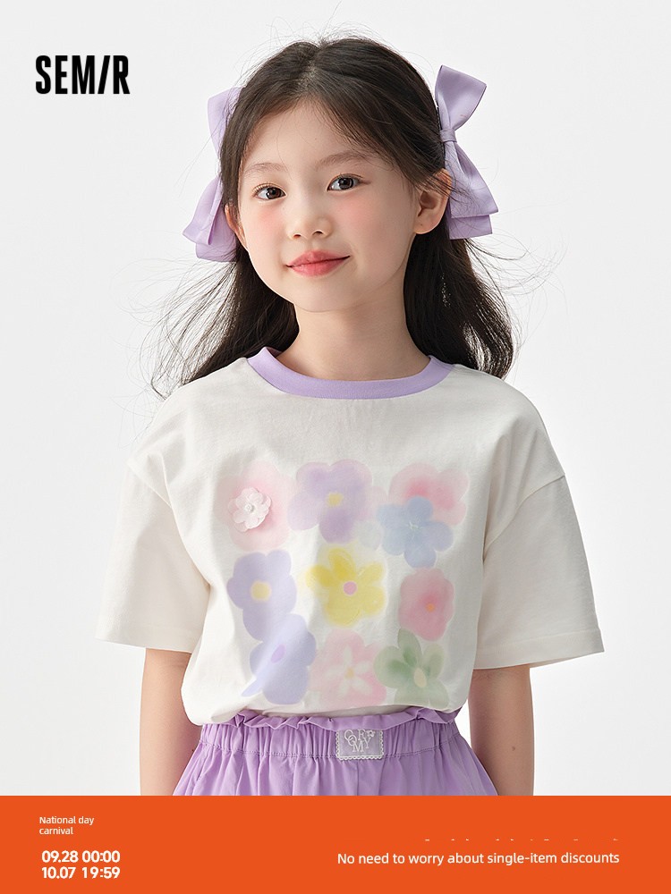 Semir Children's Short-Sleeve T-Shirt 2025 Summer New Style Comfortable Loose Printed Girls' Clothing with a Unique Design