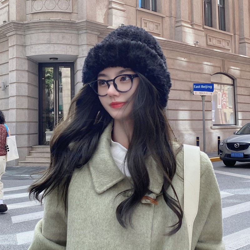 OVANCY Languid easy woolen hat female winter Show a small face Curling Knitted hat solar system Big edition Plush Cold cap tide