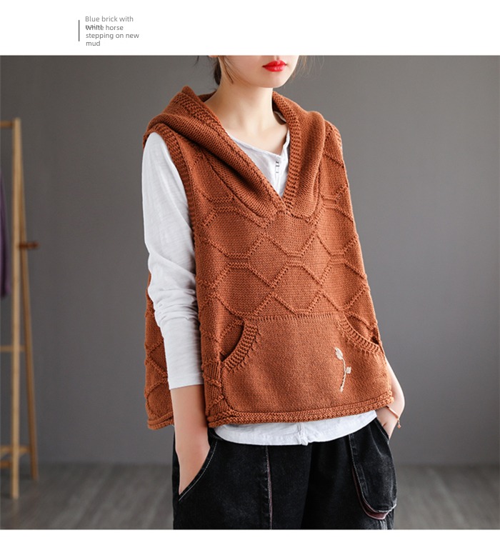Hooded Vest knitting Early autumn clothes waistcoat Overlapping wear sweater