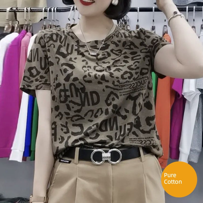 Age reduction fashionable Milk tea color Retro Round neck Short sleeve T-shirt