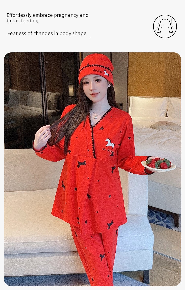 Free Hat with Purchase: Autumn and Winter Pure Cotton Postpartum Clothing, October Postpartum Maternity Nursing Pajama Set, Spring and Autumn Maternity — 8