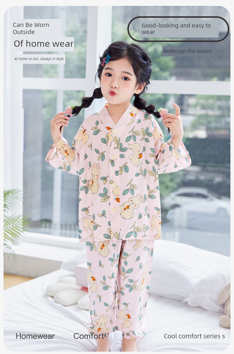 Summer Thin Cotton Silk Pajamas for Children, Three-Quarter Sleeve Home Wear Set, Simple Style for Baby Boys and Girls, Suitable for Older Children — 3