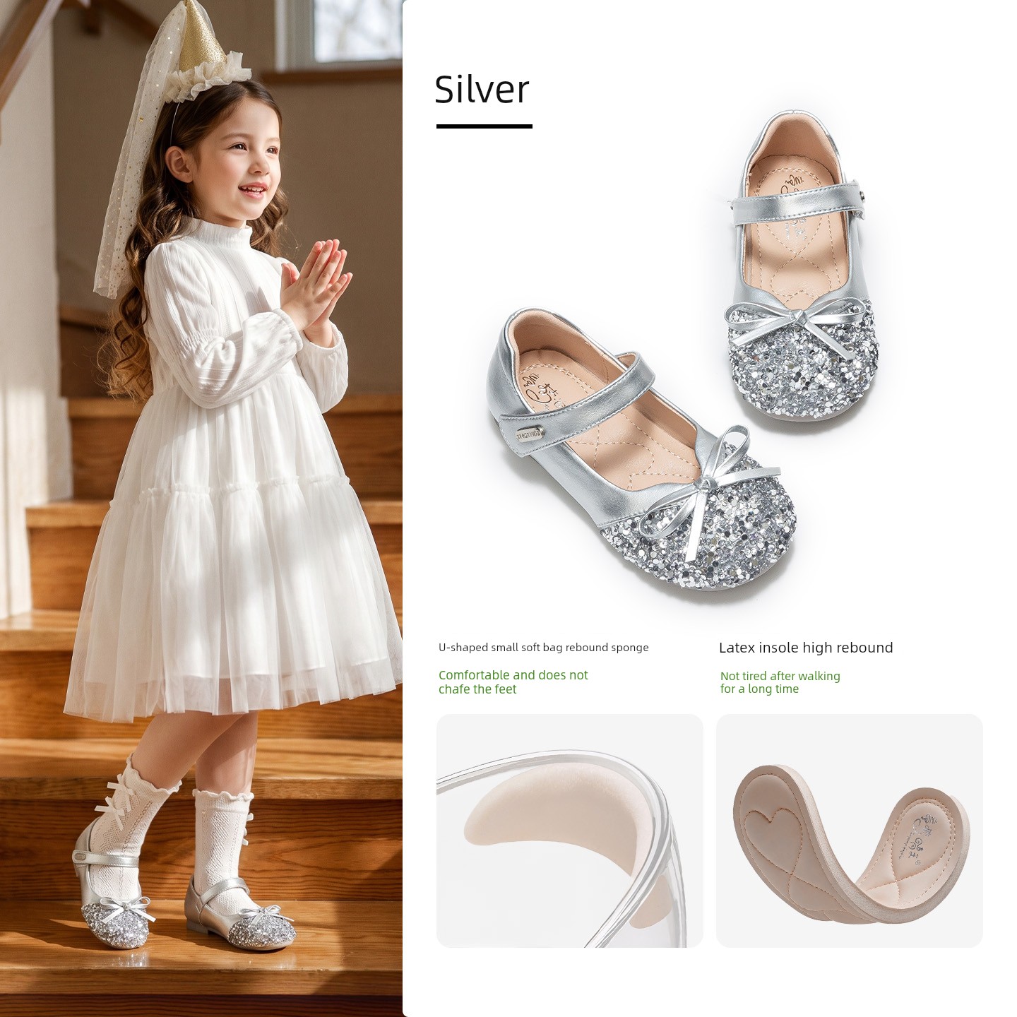 Princess Shoes for Girls, 2026 New Autumn Children's Shoes, Small Leather Shoes, Baby Crystal Shoes, Silver Soft-Soled Shoes — 1