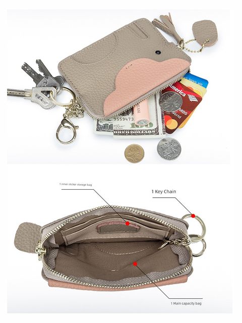 Mini elephant wallet ultra-thin head layer cowhide cow coin keychain storage bag card bag genuine leather coin wallet women cute
