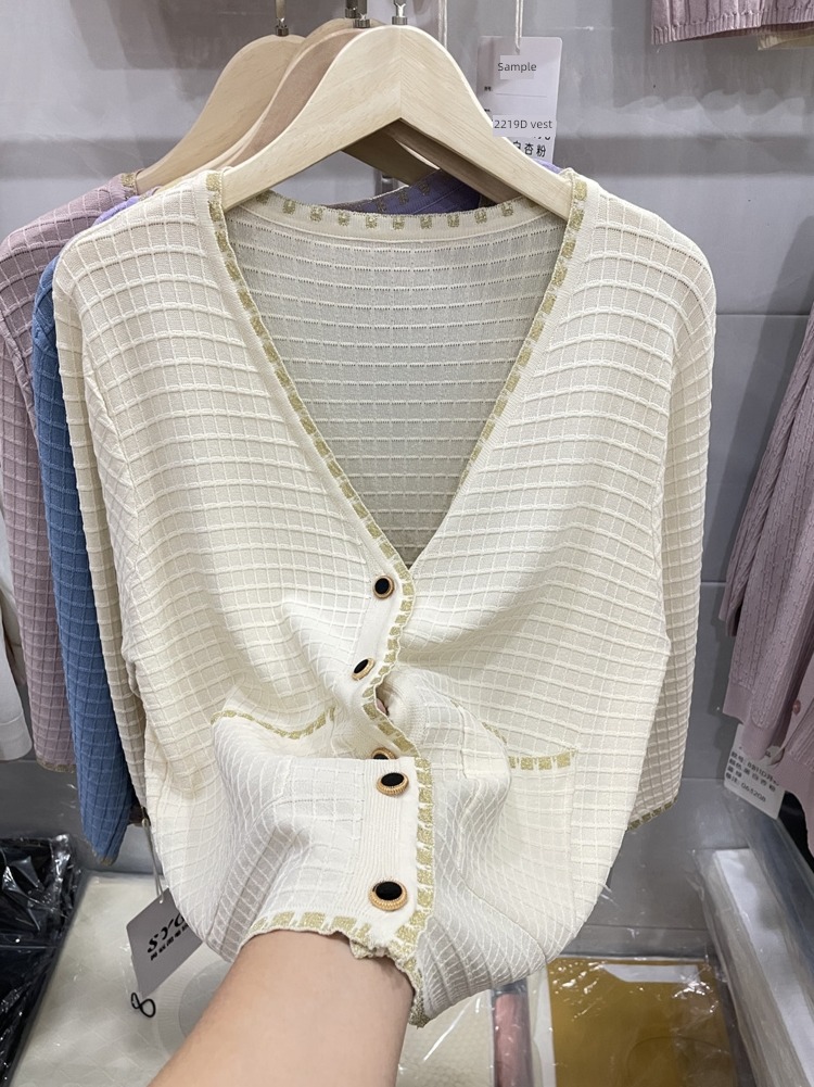 Little fragrance Bright silk Rimming V-neck easy knitting Cardigan