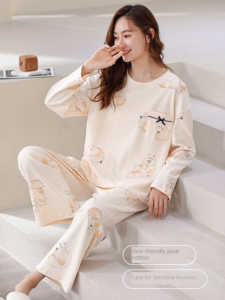 female pure cotton Long sleeve Big size autumn Can be worn out pajamas