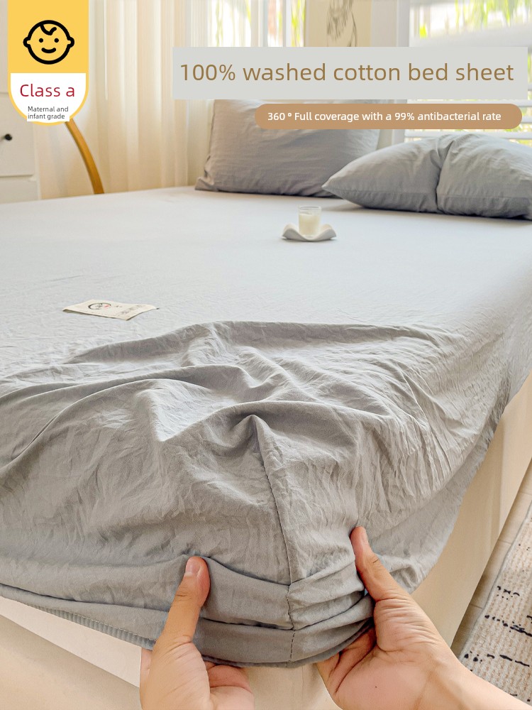 Washed Cotton Pure Color Fitted Sheet One-Piece 2025 New Arrival Non-Cotton Pure Cotton Mattress Cover Seat Bedspread Mengsi Mattress Cover