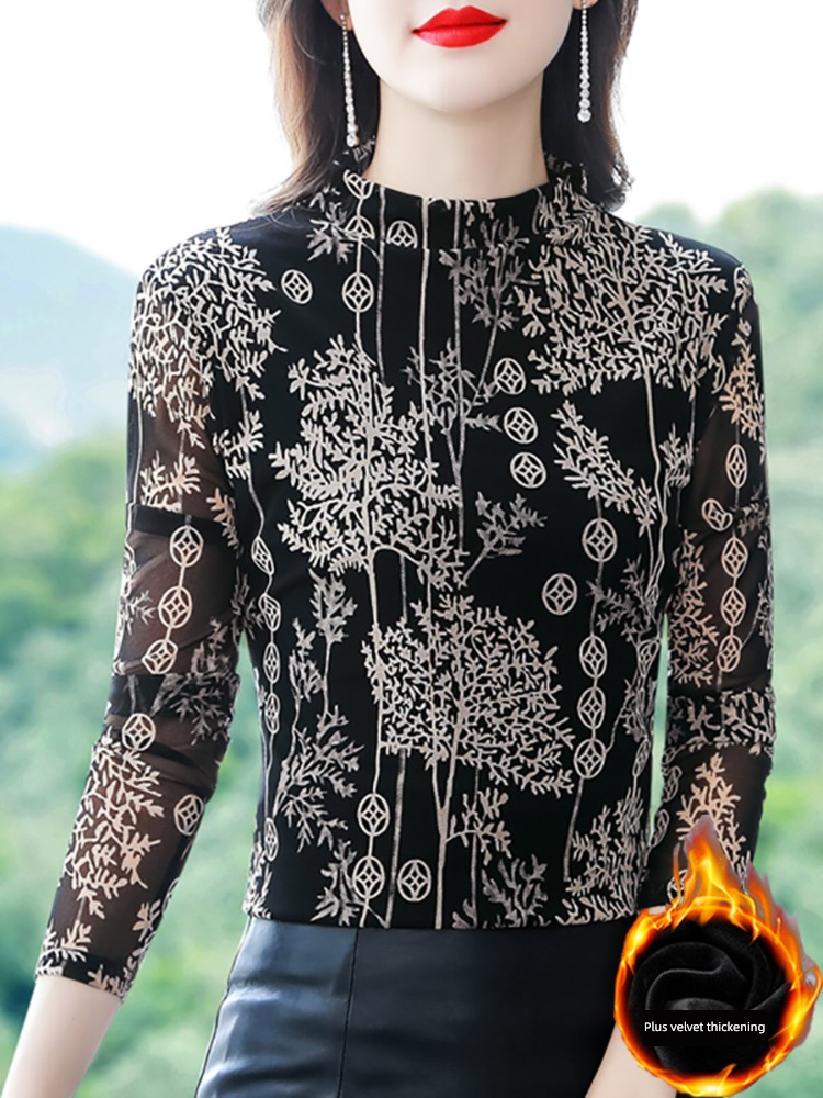 Half high collar Long sleeve Undershirt ma'am Spring, autumn and winter 2022 new pattern mom Plush thickening Inner lap T-shirt jacket