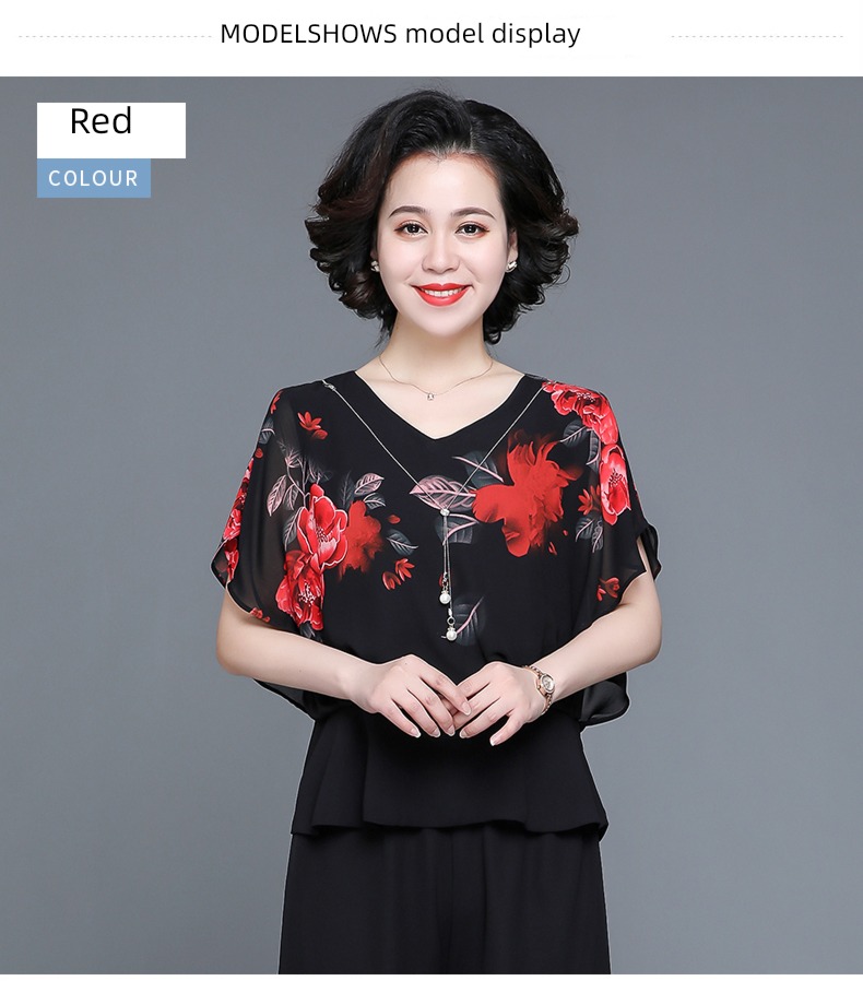 middle age mom T-shirt Foreign style Age reduction Chiffon shirt summer wear