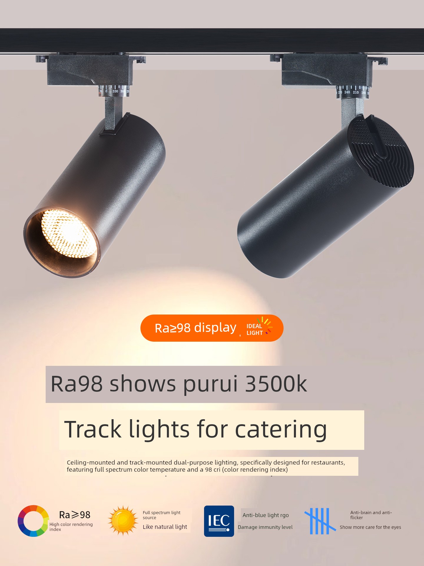 Anti-Glare Spotlight Track Light with Warm Light for Hot Pot and Barbecue Restaurants, Bars, and Catering Establishments, 3500K Ceiling-Mounted Spotlight