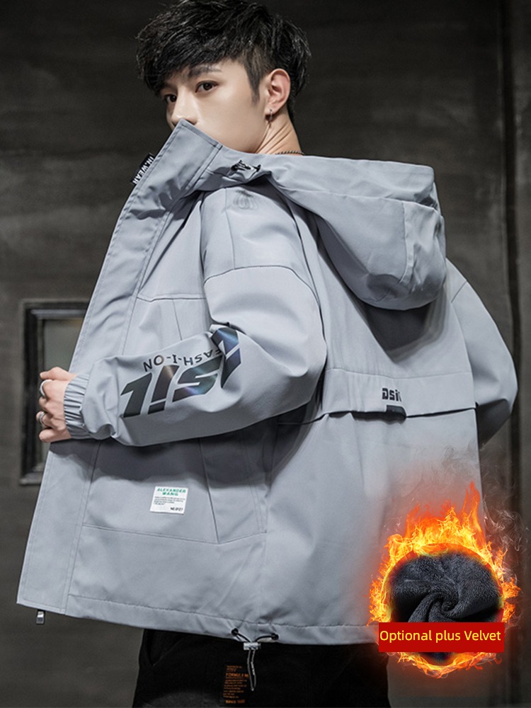grey leisure time motion Hooded winter Ruffian handsome loose coat